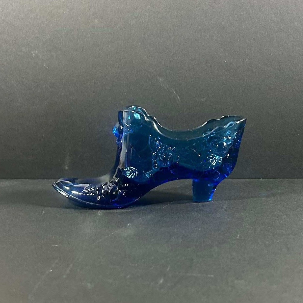 Fenton Cobalt Blue Glass Hand‎ Painted Floral Shoe Embossed Victorian Decor